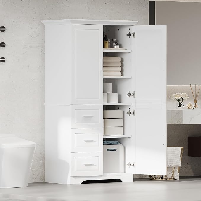 Merax 62.2" Pantry Cabinet with Three Doors & Three Drawers, Adjustable Shelves Storage Cupboard for Kitchen/Dining Room/Bathroom, White