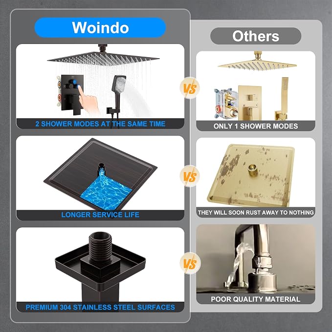 Shower Faucet Set, 12" Ceiling Mount Rainfall Shower System with 2 Rain Shower Head and Multi-function Handheld Head Push Button Diverter Shower Faucet Trim Kit (12", Oil Rubbed Bronze)