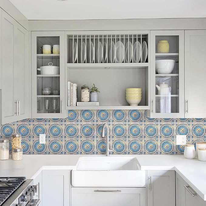DICOFUN 32 Moroccan Tile Peel and Stick Backsplash, 6" x 6" Waterproof Mandala Stick on Wall Tiles (Style 2)