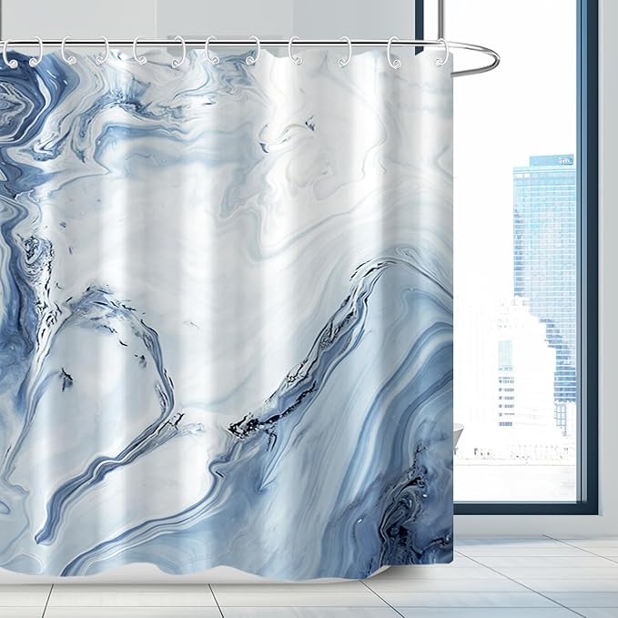 AWERT Blue Marble Shower Curtain Waterproof Shower Curtain for Bathroom Decor Printed Washable with Hooks 72x84 Inch