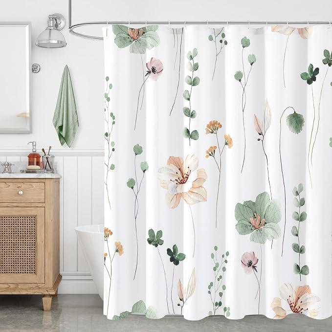 Sage Green Beige Watercolor Floral Fabric Shower Curtain, 108x72 | Waterproof Fabric, Modern Minimalist Floral Print, Machine Washable, Rustproof Grommets, for Bathroom Home, Extra Wide
