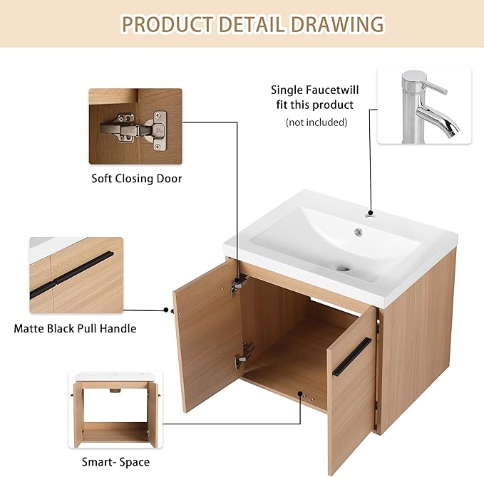 24" Floating Bathroom Vanity,24 Inch Bathroom Vanity with Sink,Single Sink Wall Mounted Vanity Combo,Brown Wall Mounted Cabinet Set