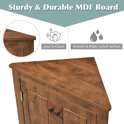 Corner Storage Cabinet with Two Doors and Adjustable Shelf, Freestanding Floor Space Saver for Bathroom, Living Room or Kitchen, Brown