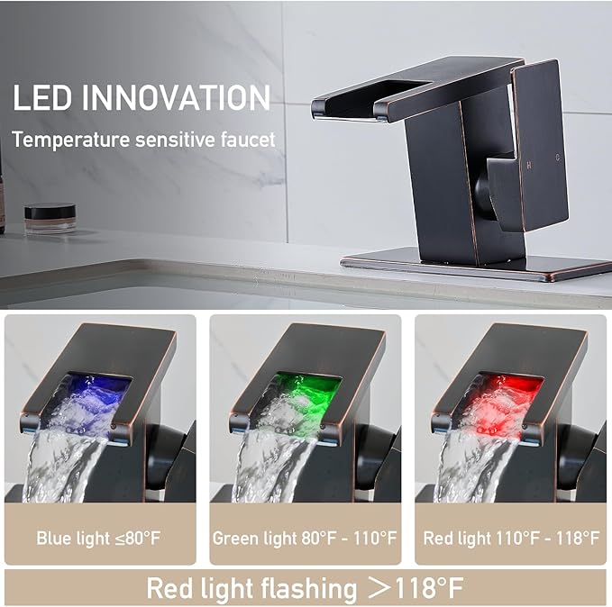 LED Bathroom Sink Faucet, Oil Rubbed Bronze Waterfall Single Hole Handle Vanity Faucets for Sinks 1 Hole with Metal Pop Up Drain and 2 Water Supply Lines, Side Handle