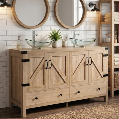48 inch Natural Color Bathroom Vanity, Rustic Fixture Standing Pedestal Cabinet with Two Clear Boat Vessel Sinks