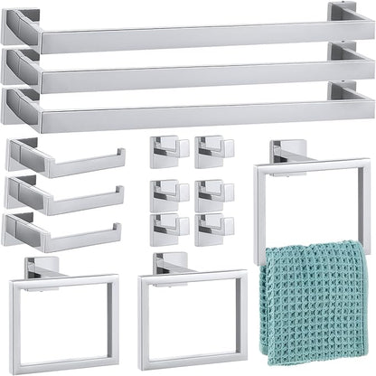 Gisafai 15 Pcs Silver Bathroom Hardware Accessories Set 23.6 Inch Bath Towel Bar Kit Stainless Steel Bathroom Hardware Set Towel Racks Ring Robe Hooks Paper Holder for Wall Mounted