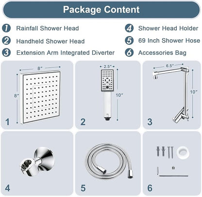 BRIGHT SHOWERS High Pressure Rain Shower Head Combo with Double Extension Arm, 8 Inch Rainfall Shower Head with Handheld Spray, Height Adjustable Dual Square Showerhead Set, Chrome
