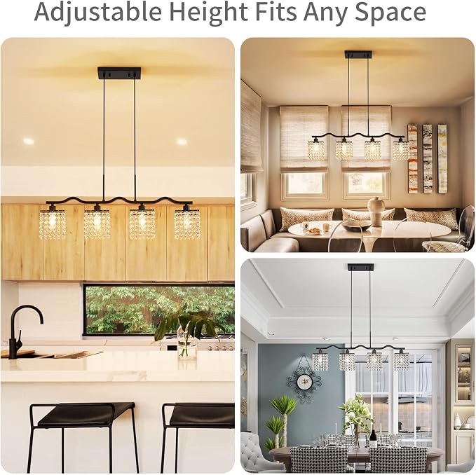 WUZUPS Crystal Chandelier 4-Light Linear Raindrop Pendant Ceiling Light Modern Lighting Fixture for Bedroom Dinning Room Bar Kitchen Island, H8.7'' W4.7'' L30.5, E12 Base, Black