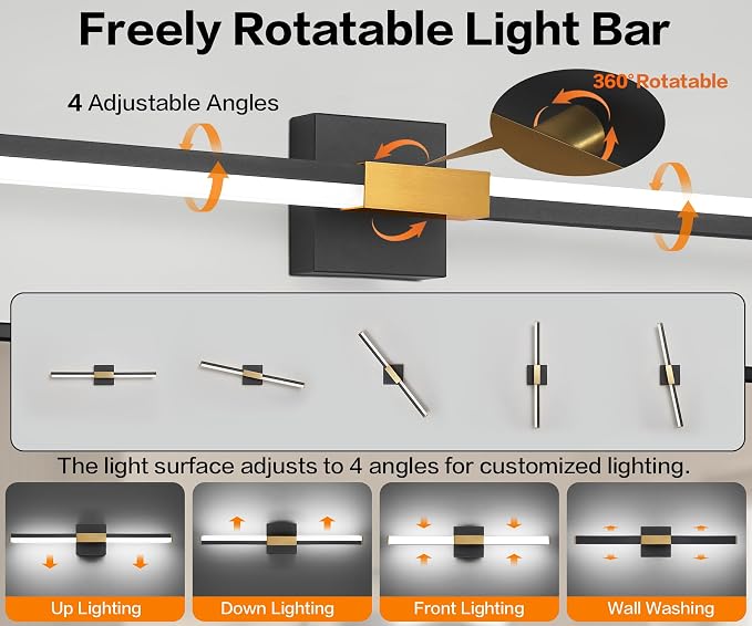 SOLFART Vanity Lights for Bathroom 40-Inch: Black and Gold Dimmable Bathroom Light Fixtures Over Mirror, Built-in Dimmer, Thickened Aluminum Body, 360 Degree Rotation, ETL IP44