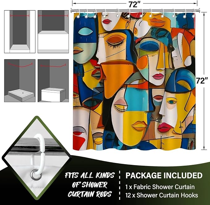 Colorful Modern Abstract Face Art Geometric Shower Curtain Set 72x72 Inches | Colorful Modern Abstract Face Geometric Art Print, Artistic Home Guest Housewarming Art Lover Bathroom Decor, With Hooks