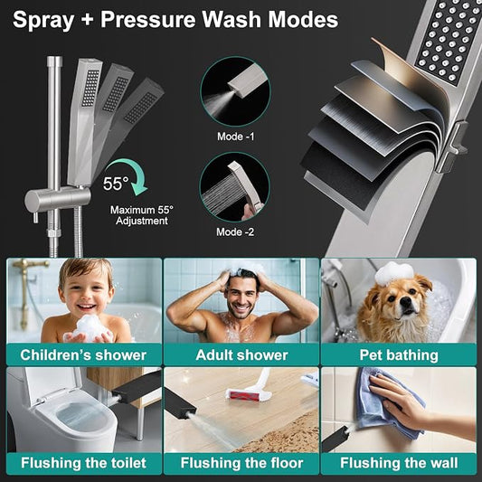 All Metal 12 Inch Rain Shower Head with Handheld Spray Combo, High Pressure Waterfall Rainfall Square Shower Heads with 16" Adjustable Extension Arm, Dual Showerhead with 3-Way Diverter,Brushed Nickel