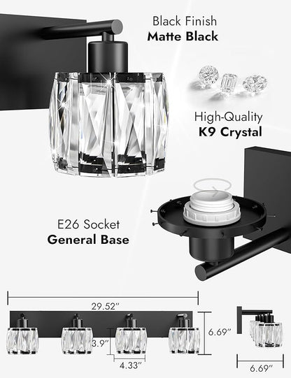VOLISUN Crystal Vanity Lights for Bathrooms, 4 Light Bathroom Vanity Light, Modern Matte Black Bathroom Light Over Mirror, Black Bathrooms Lights Fixtures-UL Certificated(Exclude Bulb)