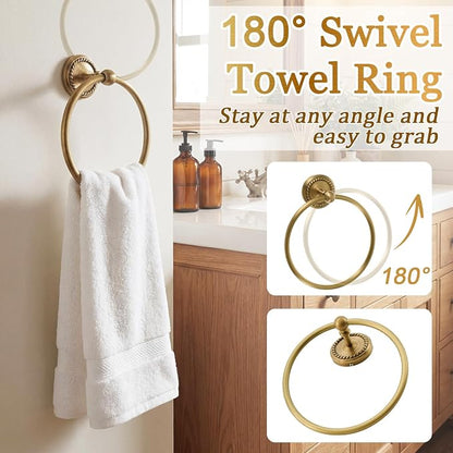 4 Pcs Antique Brass Gold Bathroom Accessories Set Wall-Mounted Towel Rack & Towel Ring & Toilet Paper Holder & Robe Hook, Wall Mounted Brass Vintage Bath Hardware Fixture Set(Style 5)