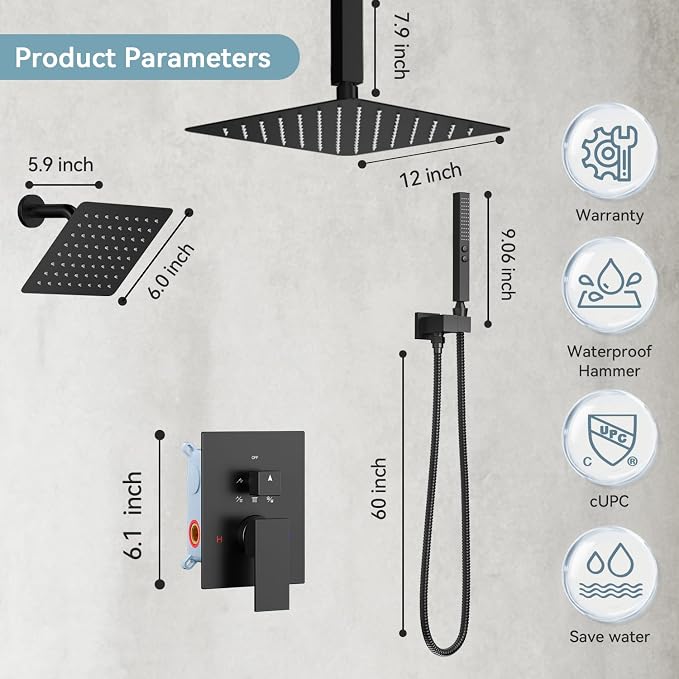 Shower Systems Shower Faucet Sets,Bostingner Five Function Diverter Dual Head Shower Set,12'' Ceiling Mount and 6’‘ Wall Mount Rainfall Shower System with 2 in 1 Handheld Spray Matte Black