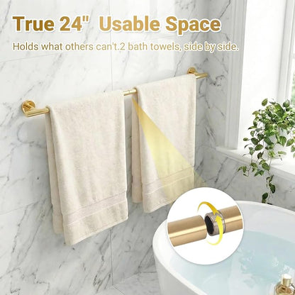 Brushed Gold 5-Piece Bathroom Hardware Set, Bathroom Accessories Set | SUS304 Stainless Steel, 24 inch Towel Bar, Towel Racks for Bathroom, Toilet Paper Holder Wall Mounted, Robe Towel Hooks