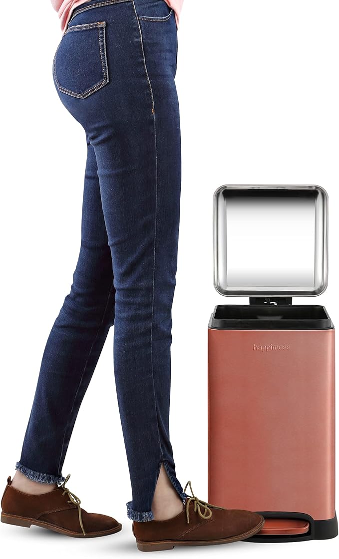happimess Betty Retro Mini 3.2 Gal Step Trash Can, Rose Gold | Soft-Close Lid, Fingerprint Proof, Removable Liner, Stainless Steel, Hands-Free Pedal