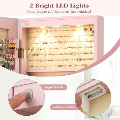 NAFORT 2 LEDs Jewelry Armoire with Full Length Mirror, Lockable Hanging Jewelry Organizer Cabinet with Categorical Storage, Wall or Door Mounted Jewelry Box with 2 Drawers for Cosmetic, Light Pink