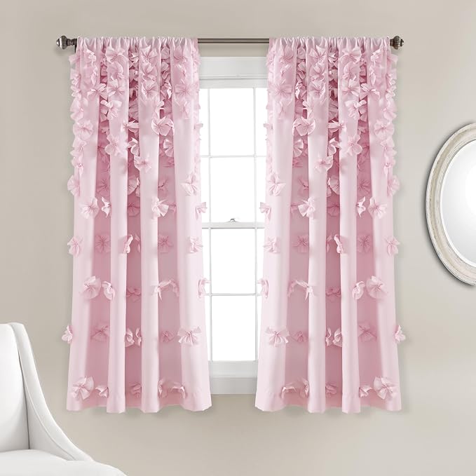 Lush Decor Riley Light Filtering Window Curtain Panel, Single 54" W x 63" L, Lilac - Cute Purple Curtains for Bedroom - Bow Decor - Coquette Curtains for Windows