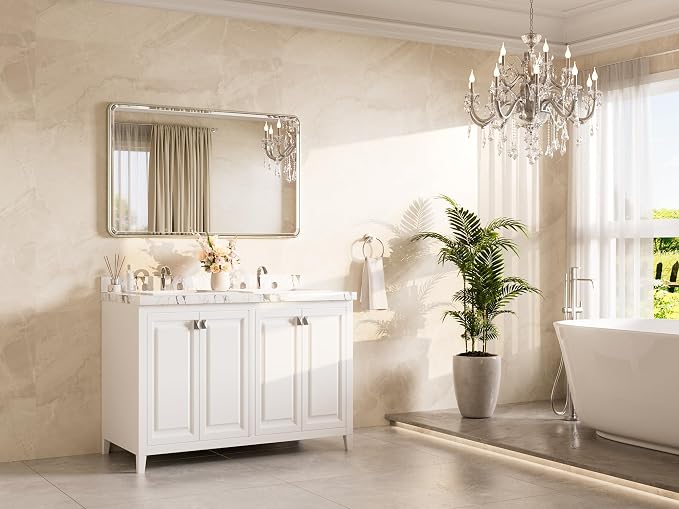 Brushed Nickel Mirrors for Wall 48 x 30 Beveled Edge Tempered Glass, Rounded Corner Rectangle Framed Mirror for Modern Bathroom, Living Room, Bedroom, Entryway