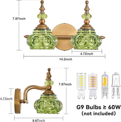 Vintage Vanity Light Fixtures, Green 2-Light Bathroom Lighting, Vintage Wall Sconce with Crystal Glass Shade Rust-Proof and Durable for Bathroom Bedroom Living Room Hallway