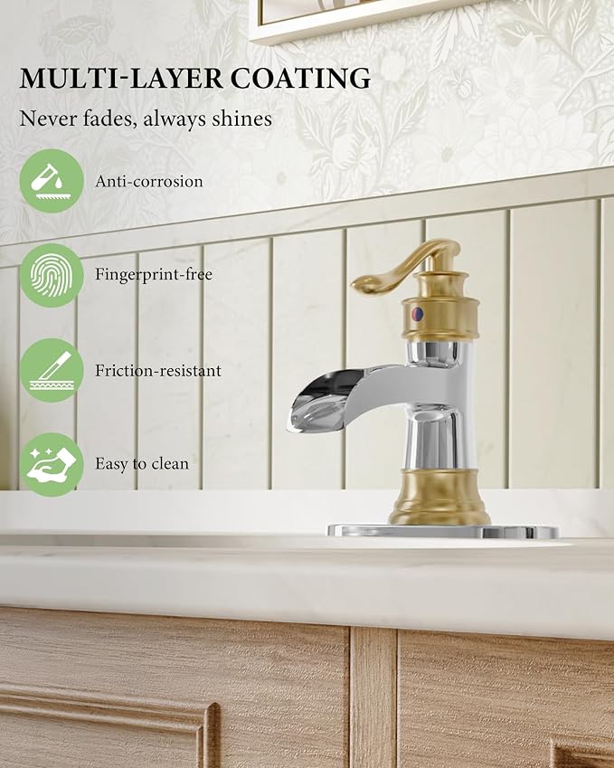 Bathroom Faucet Waterfall Sink Faucets Bathroom Widespread Single Handle | Chrome and Gold for 1 or 3 Holes Rustic Vanity Farmhouse with Pop-up Drain Deck Plate Hose by Homevacious