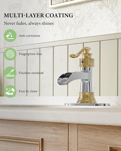 Bathroom Faucet Waterfall Sink Faucets Bathroom Widespread Single Handle | Chrome and Gold for 1 or 3 Holes Rustic Vanity Farmhouse with Pop-up Drain Deck Plate Hose by Homevacious