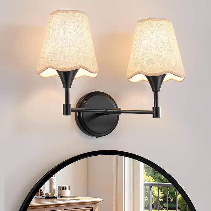 Black Bathroom Vanity Light Fixtures: Matte Black Vanity Lights Over Mirror with Flared Fabric Shade, Modern Bathroom Lighting Fixtures, 2 Light Wall Sconces Lighting for Bedroom Hallway Living Room