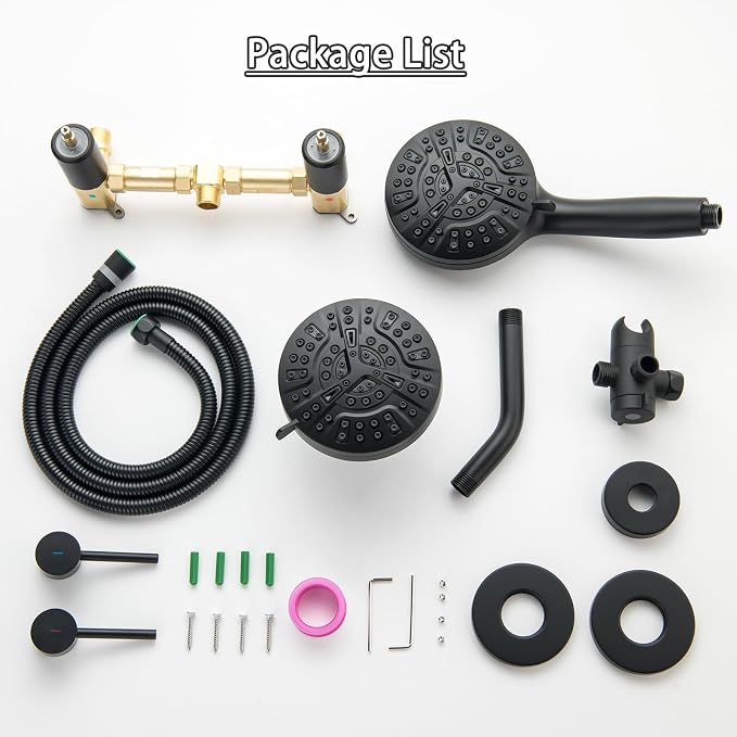 2 Handle Shower Faucet Wall Mounted Two Handles Shower Faucet Set with 8 Modes Rainfall Shower Head and 10 Modes Handheld 2 Knobs Shower Trim Kit with Rough-in Valve, Matte Black