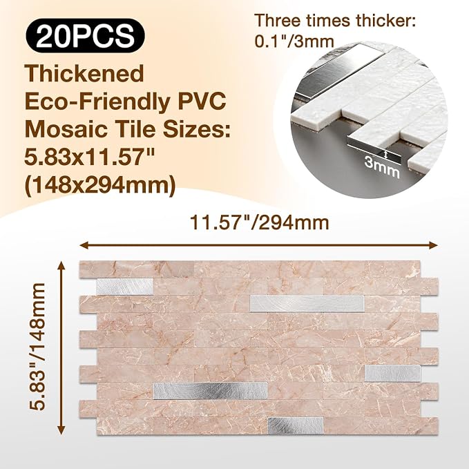 Peel and Stick Backsplash Tile Waterproof Removable PVC Wall Sticker 3D Faux Stone Marble Brick White Accent Panels (Pink Marble - Metal Silver, 20 Tiles - 9 sq. ft. (0.84 M²))