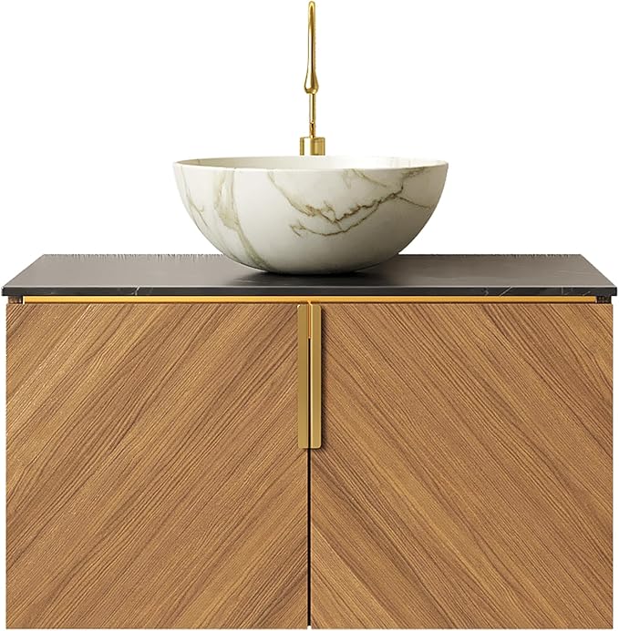 30" Floating Bathroom Vanity with Sink Combo, Modern Vanity with Vessel Sink, Wall-Mounted Bathroom Vanity Cabinet with Doors, Countertop and White Bowl Ceramic Basin,Brown Oak