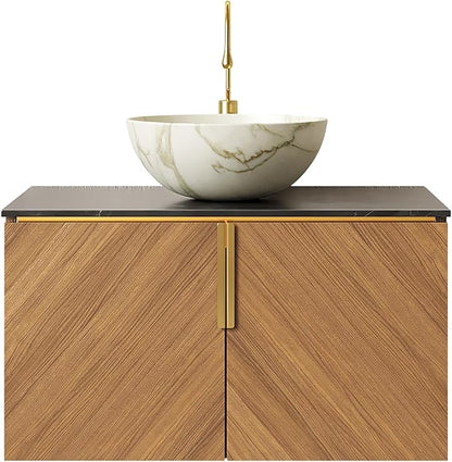 30" Floating Bathroom Vanity with Sink Combo, Modern Vanity with Vessel Sink, Wall-Mounted Bathroom Vanity Cabinet with Doors, Countertop and White Bowl Ceramic Basin,Brown Oak