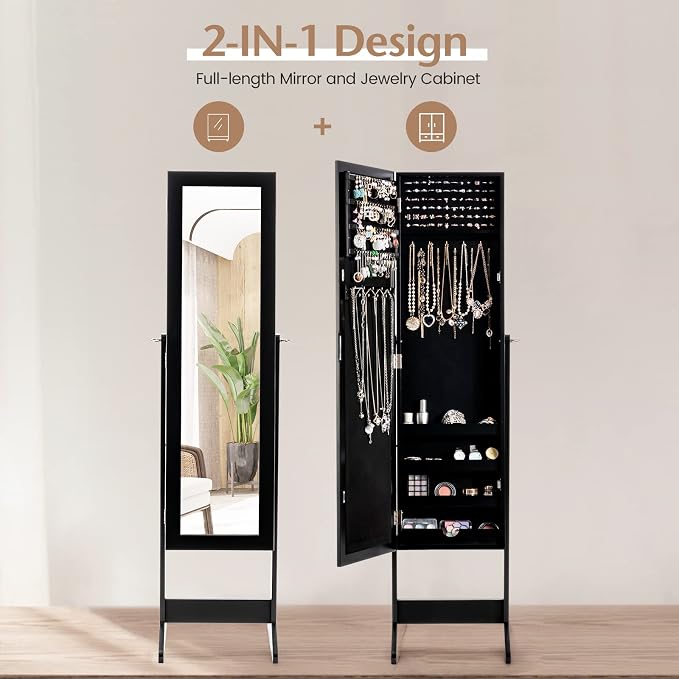 MAT EXPERT Jewelry Armoire Cabinet w/Full-Length Mirror, Jewelry Organizer Standing Mirror w/ 4 Shelves, 3 Adjustable Tilt Angles, Anti-toppling Device, Jewelry Cabinet for Bedroom, Living Room, Black