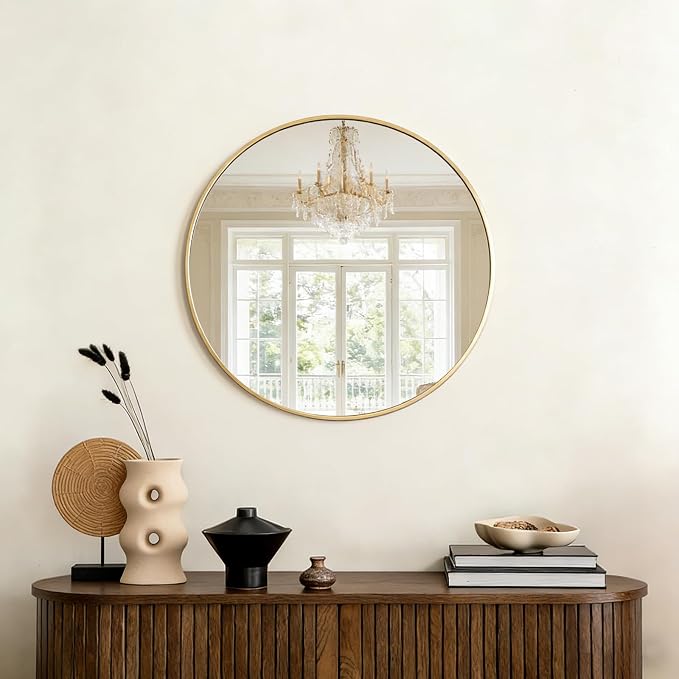 DUMOS 20 Inch Round Wall Mirror, Bathroom Mirror, Gold | Metal Frame, Tempered Glass & Anti Rust Metal Frame, Decor for Bathroom Vanity Bedroom Entryway