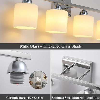 Mecgirn Stainless Steel Milk Glass Vanity Lights for Bathroom, 4 Light Chrome Bathroom Light Fixtures Over Mirror, Ceramic E26 Sockets Wall Mounted