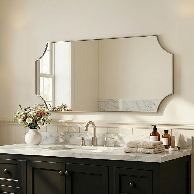 Scalloped 24"x48" Brushed Nickel Vanity Mirror | Rustproof Stainless Steel Frame 1" Deep, Unique Notched Corner Design, Horizontal & Vertical Mount, Modern Bath Wall Decor