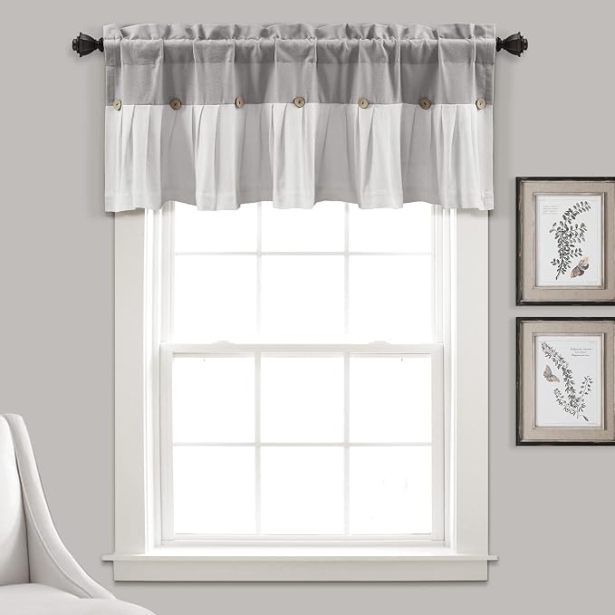 Lush Decor Linen Button Farmhouse Valance Curtians 84"W x 18"L Gray & Off White - Linen Valances For Windows - Kitchen Curtains Valances