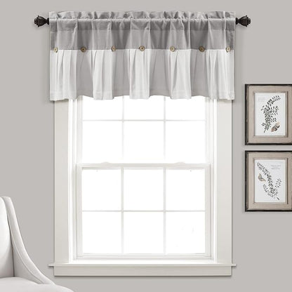 Lush Decor Linen Button Farmhouse Valance Curtians 84"W x 18"L Gray & Off White - Linen Valances For Windows - Kitchen Curtains Valances