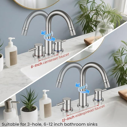 Brushed Nickel Pull Down Bathroom Faucet 3 Hole with Pop Up Drain, Bathroom Sink Faucet with Pull Down Sprayer 2 Modes, 8 inch Widespread Gold Faucet for Bathroom Sink, 2 Handle Vanity Faucet