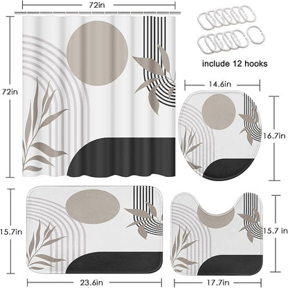 Bathroom Sets with Shower Curtain and Rugs, Boho, 4 Pcs Geometric | Vintage Abstract Minimalist Bathroom Decor Set with Toilet Lid Cover, Non-Slip Bath Mats and Accessories 12 Hooks