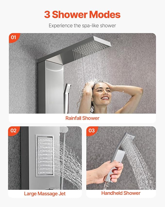 VEVOR Shower Panel Tower System with Rainfall Shower Head, 53 in Brushed Stainless Steel Shower Column, 3-Function Faucet, High Pressure Wall-Mount Rain Massage System, with Large Body Jet, Handheld