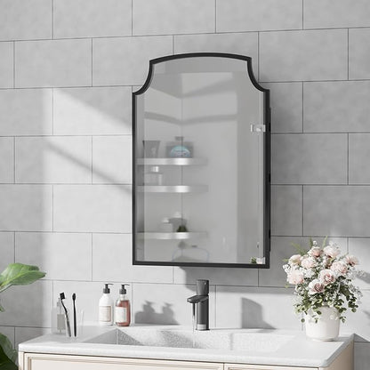 Casaphoria 30" H x 20" W Arched Bathroom Medicine Cabinet with Mirror, Metal Frame Wall Medicine Cabinets Mirrors, Wall Mirror Cabinet, Black