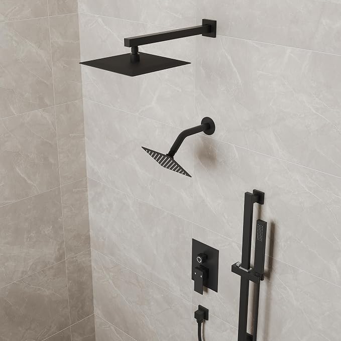 10" High-Pressure Rainfall Shower Faucet with Handheld Spray, Wall Mount Dual Shower Head System with Slide Bar (Matte Black)