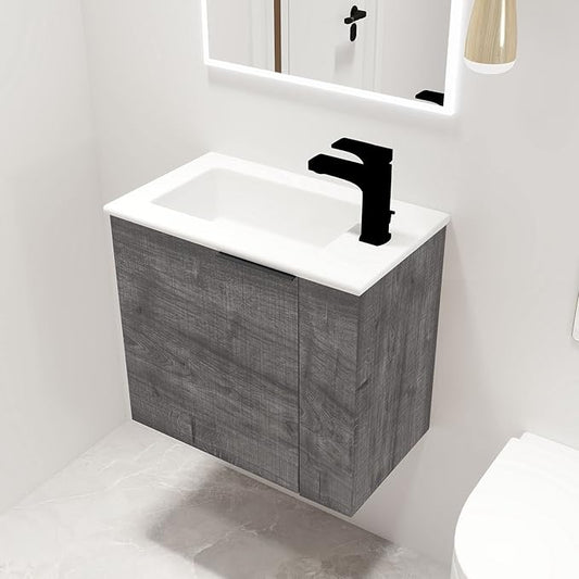 Malwee 22" Floating Bathroom Vanity with Sink, 22 Inch Wall Mounted Bathroom Cabinet Single Sink Combo, with 1 Soft Close Door and White Ceramic Basin Top for Small Space, Space-Saving Design (002PGO)