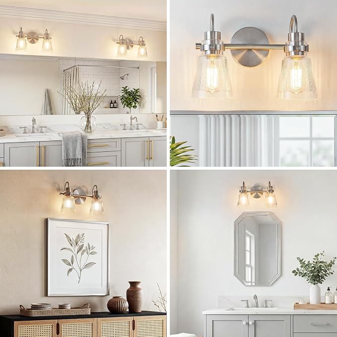 2-Light Brushed Nickel Bathroom Light Fixtures 13.8 Inch Vanity Lights for Bathroom Lighting Fixtures Over Mirror with Clear Striped Glass Shade for Bedroom Hallway Cabinet Porch
