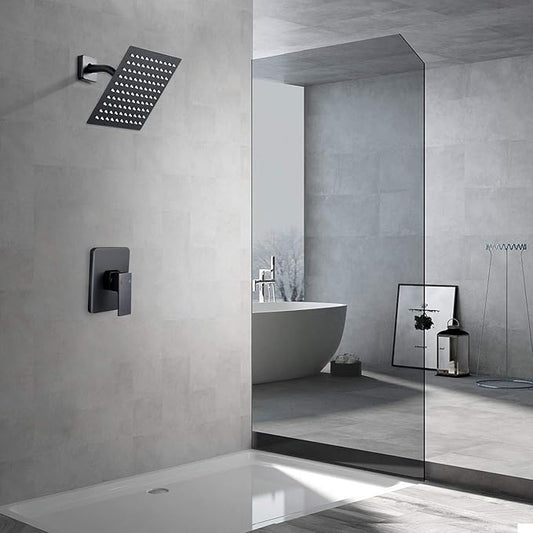 Black Shower Faucet Set, 8 Inch Square Wall Mounted Rainfall Shower Head with Rough-in Valve Body, Modern Bathroom Shower Trim Kit, Stainless Steel Single Function RV Shower System