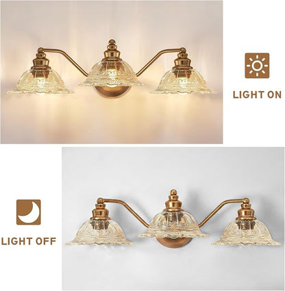Redluck Vintage Bathroom Vanity Light Fixture, 3-Light Bathroom Lighting Fixtures Over Mirror, Antique Brass Finish with Amber Crystal Glass Shade, Wall Sconces Lighting for Bedroom, Living Room