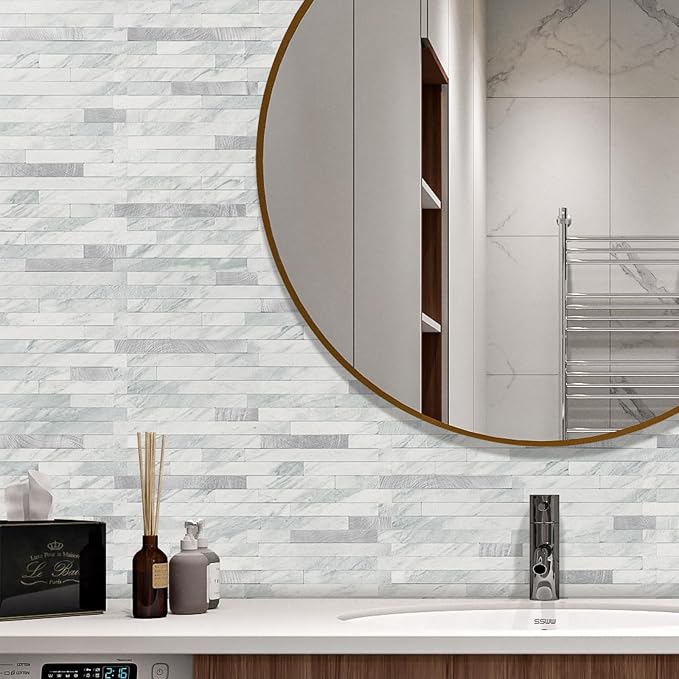 STICKGOO 2 Sheets Peel and Stick Backsplash Tile, Stick on Backsplash for Kitchen and Bathroom, Volakas White Look PVC Mixed Metal Silver Self Adhesive Wall Tiles