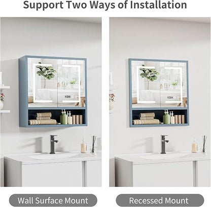 Bathroom Medicine Cabinet with Mirror, Lighted Storage Cabinet Wall Mounted with Doors & Adjustable Wood Shelf, Modern Bathroom Mirror with LED Lights Defogger for Makeup Laundry/Living Room, Grey