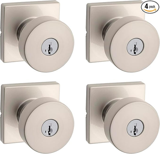 Kwikset Pismo Entry Door Knob with Lock and Key, Secure Keyed Handle Exterior, Front Entrance and Bedroom, Satin Nickel, 4 Pack, Pick Resistant SmartKey Rekey Security and Microban