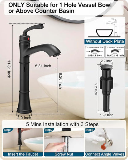 Brass Vessel Sink Faucet Black Single Handle, Tall Bathroom Faucets for Vessel Sinks 1 Hole with Pop-Up Drain, Pre-Installed Hoses, Removable Aerator